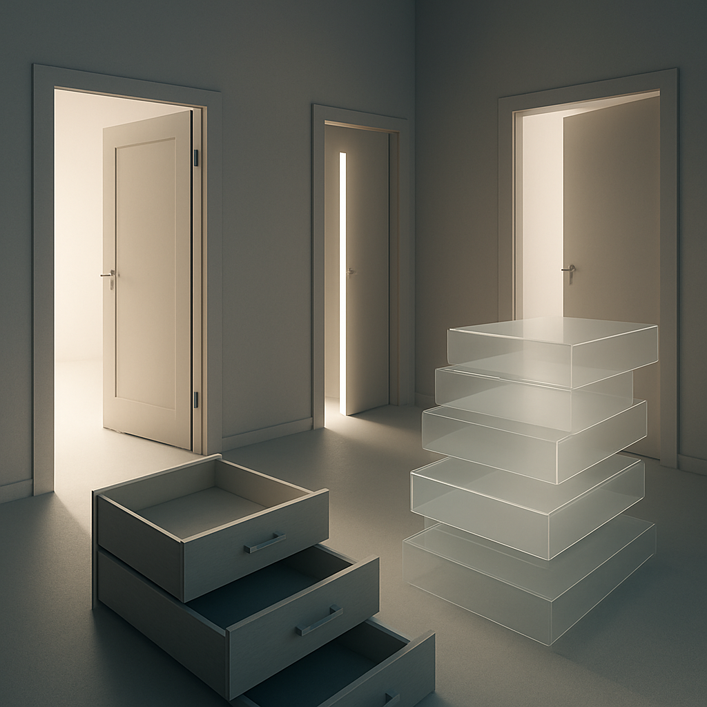 Raumszene mit vielen offenen Ebenen als Symbol für innere Überfülle und fehlenden Abschluss