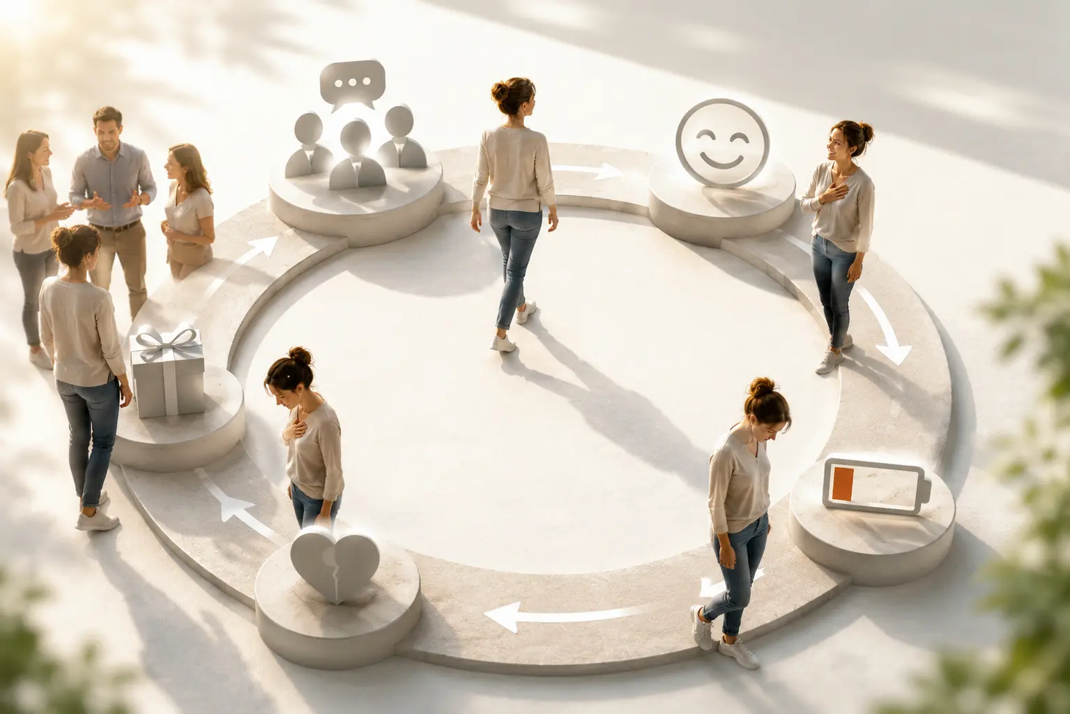 Kreislauf von People pleasing: Erwartung, Anpassung, kurze Ruhe, Erschöpfung, Schuldgefühl, erneute Anpassung