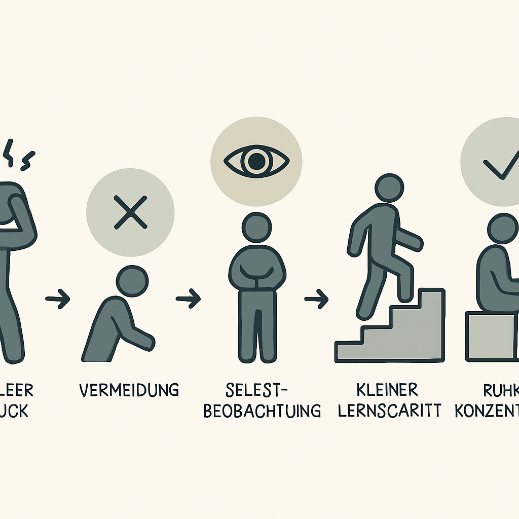 Visueller Ablauf von innerem Druck über Beobachtung hin zu ruhigerem Lernen