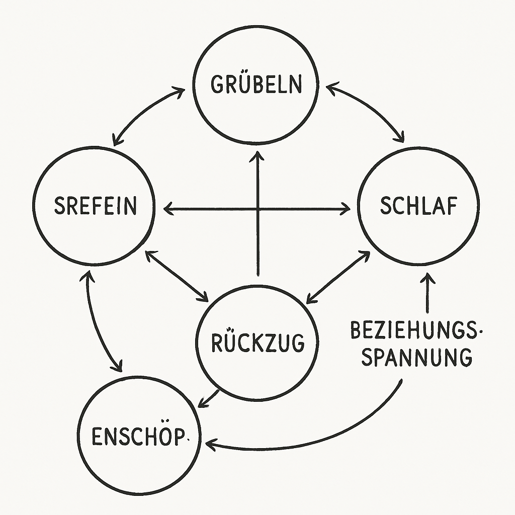 Skizze zu Belastungsmustern zwischen Gedanken, Beziehungen und Alltag