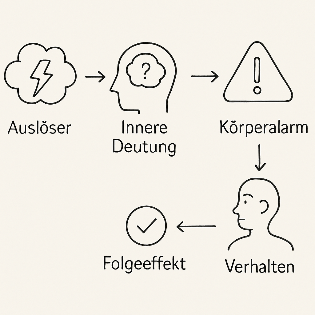 Skizze zum Ablauf von Bindungsalarm und typischer Reaktion in Beziehungen
