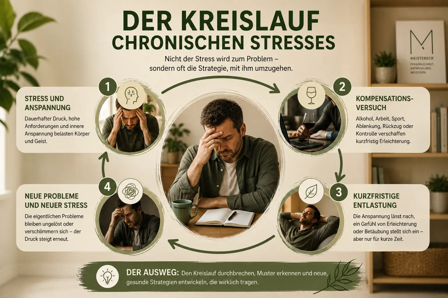 Chronischer Stress 11 Kreislauf aus Belastung, Stress, Kompensation, kurzer Entlastung und langfristigem Preis