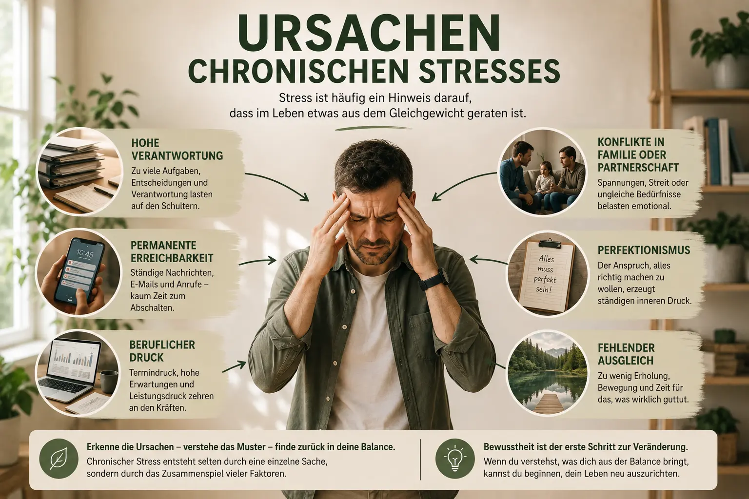 Chronischer Stress 10 Ursachen von chronischem Stress wie Verantwortung, fehlender Ausgleich, Konflikte und Daueranspannung