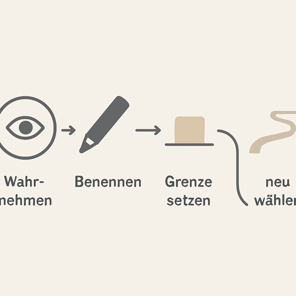 Visuelle Schrittfolge von Wahrnehmen, Benennen, Grenze setzen und neu wählen