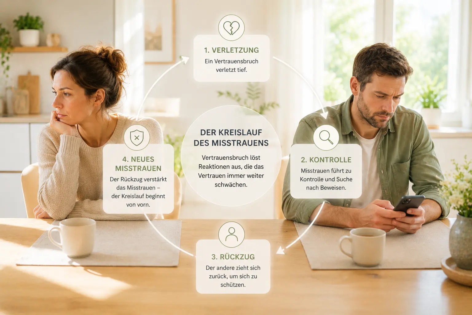 Kreislauf aus Verletzung, Kontrolle, Rechtfertigung, Rückzug und neuer Unsicherheit