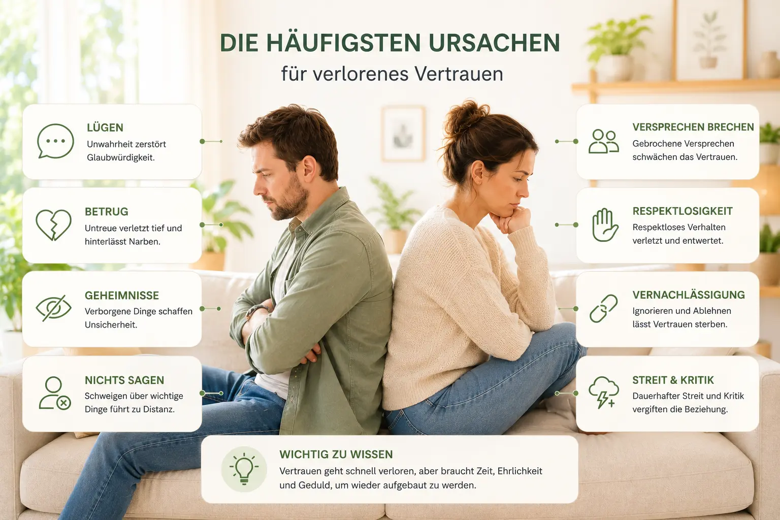 Infografik zu Ursachen von Vertrauensverlust: Lügen, Fremdgehen, Rückzug und gebrochene Absprachen